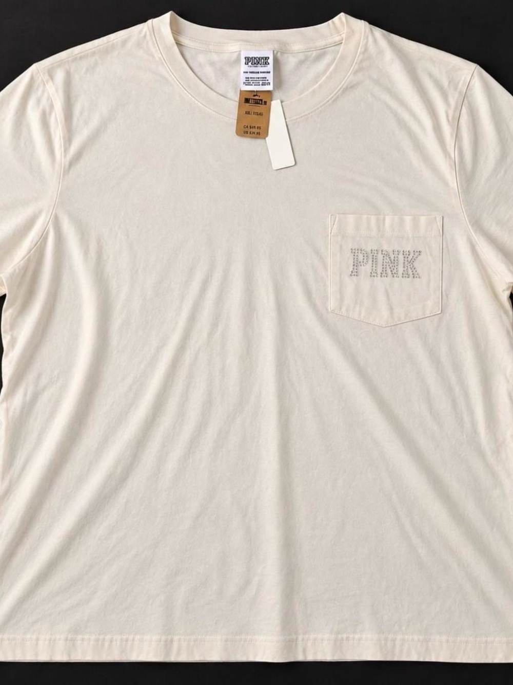 Victoria's Secret PINK Cream T-shirt Sleeve Pocket Tee with Studded Logo